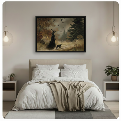 Spooky witch and black cat vintage oil painting framed wall art above a modern bed with a beige upholstered headboard white linen bedding a taupe throw blanket and glass globe pendant lights