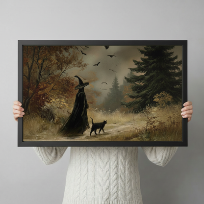 Person in a white knit sweater holding a framed vintage witch and black cat wall art print featuring a dark cloaked figure walking through a misty autumn forest with bats overhead