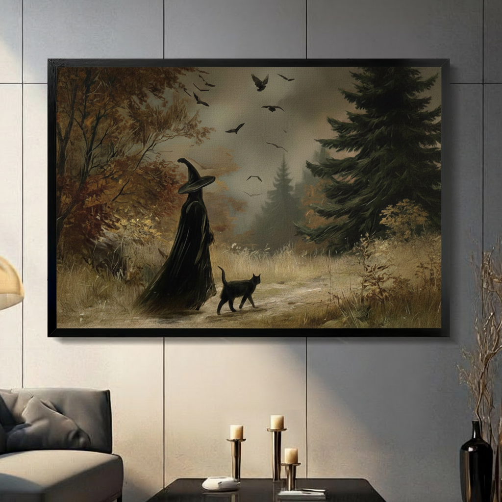 Vintage oil painting witch in black cloak and hat walking with a black cat through an autumn forest with flying bats framed wall art above a dark gray sofa with black candle holders