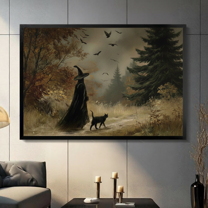 Vintage oil painting witch in black cloak and hat walking with a black cat through an autumn forest with flying bats framed wall art above a dark gray sofa with black candle holders