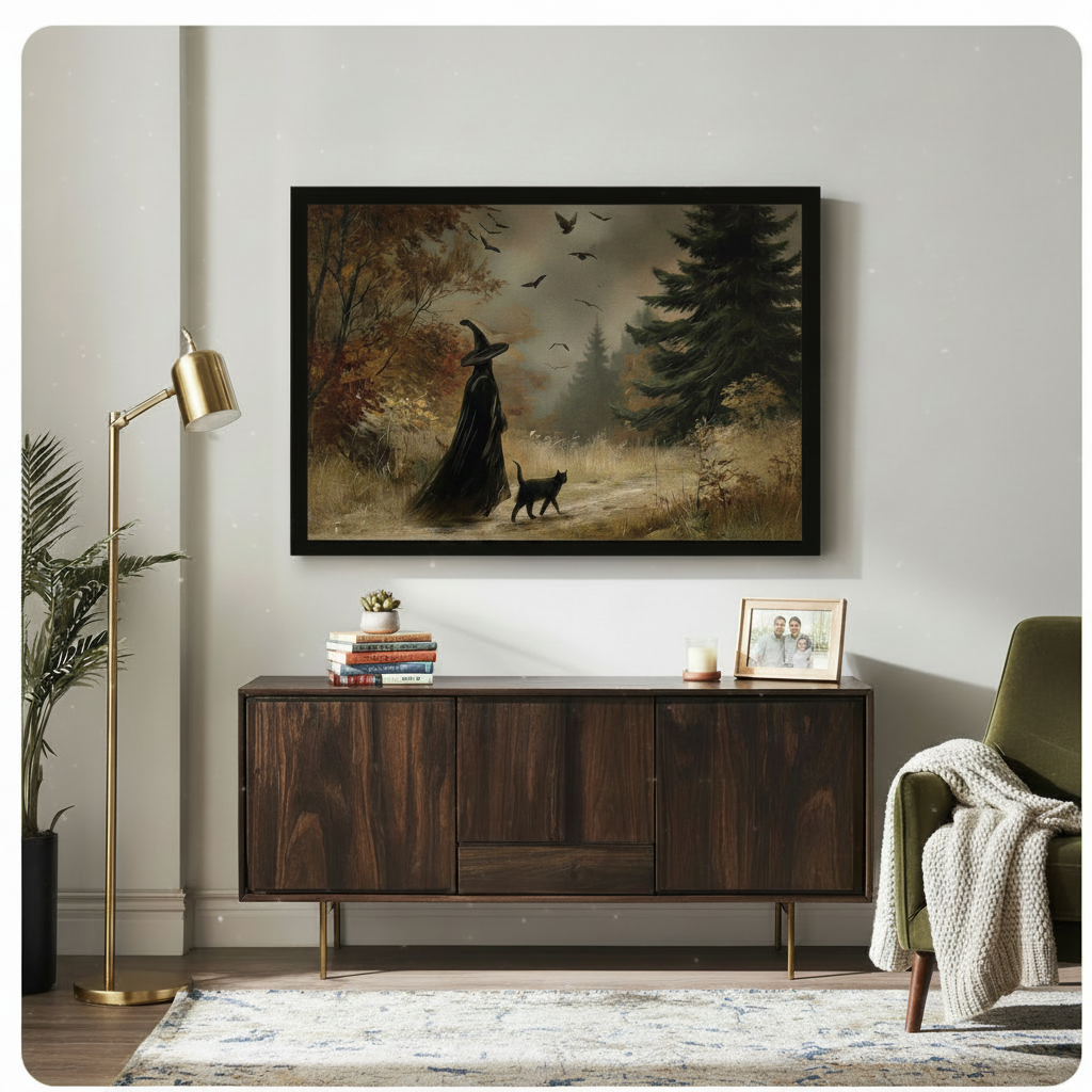 Dark autumn forest witch and black cat framed wall art in vintage oil painting style above a dark walnut sideboard with stacked books a brass floor lamp olive green armchair and a cream knit throw