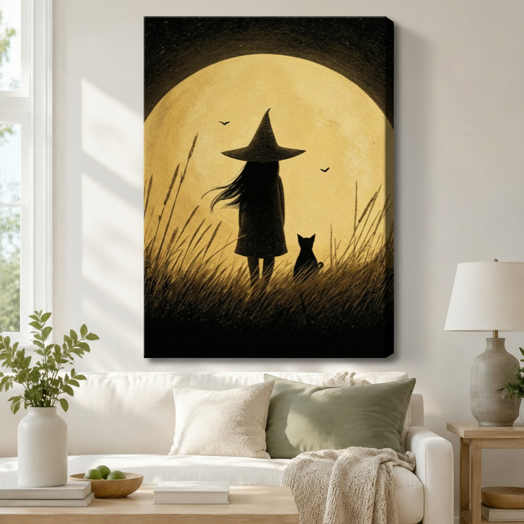 Stretched canvas wall art of a nostalgic silhouette witch in a pointed hat and a black cat standing in a grassy field beneath a large glowing golden full moon with fluttering bats in textured sepia tones, hung in a bright living room above a cream sofa with a sage green pillow and a gray ceramic table lamp