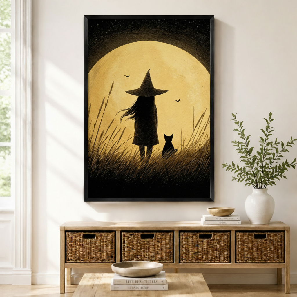 Black framed vintage folk art little witch and black cat under a full moon canvas art with a long-haired witch in a pointed hat standing in tall grass beside a black cat gazing at a giant golden moon with bats in a grainy sepia sky, displayed on a light gray wall above a wooden rattan storage console with a white vase of greenery