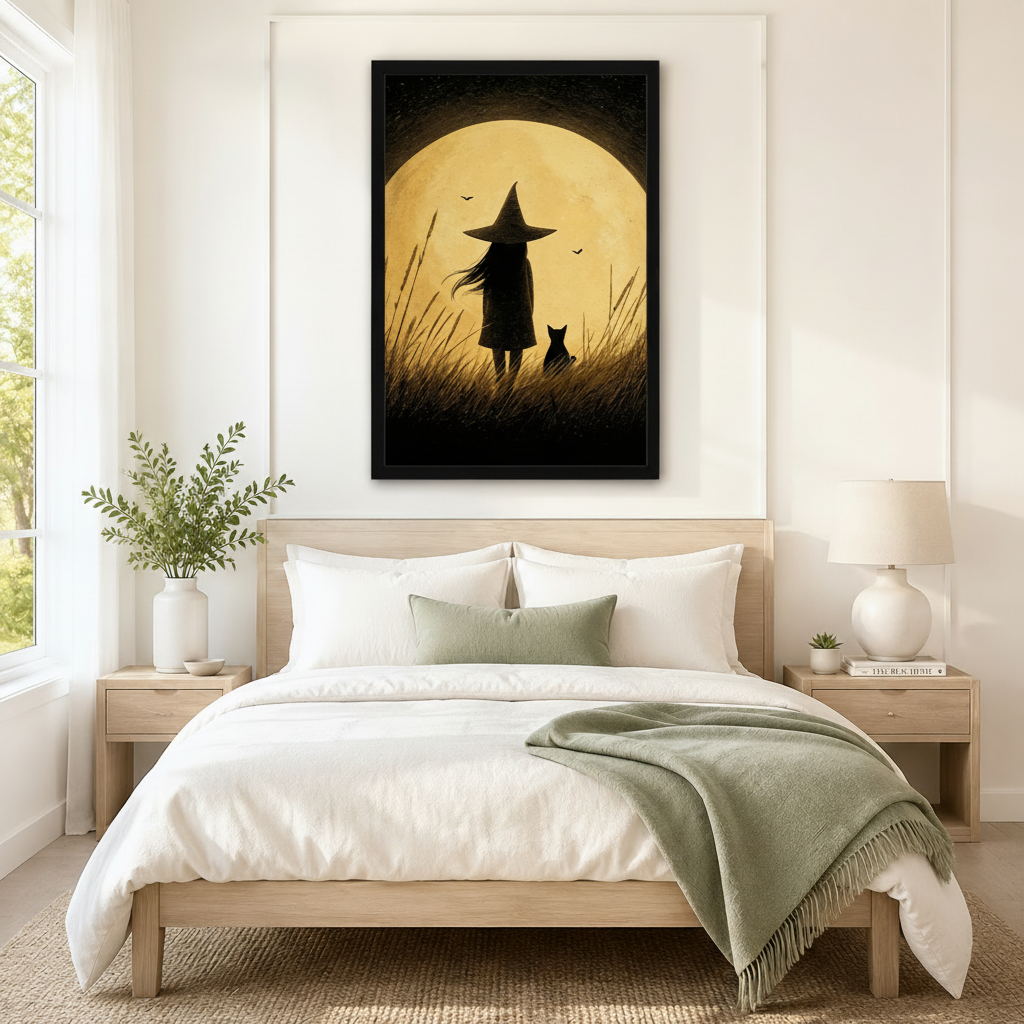 Black framed vintage folk art little witch and black cat under a full moon canvas art with a long-haired witch in a pointed hat beside a black cat gazing at a giant golden moon with bats in a grainy sepia sky, hung above a wooden bed frame in a sun-drenched bedroom with crisp white linen bedding, a sage green throw,