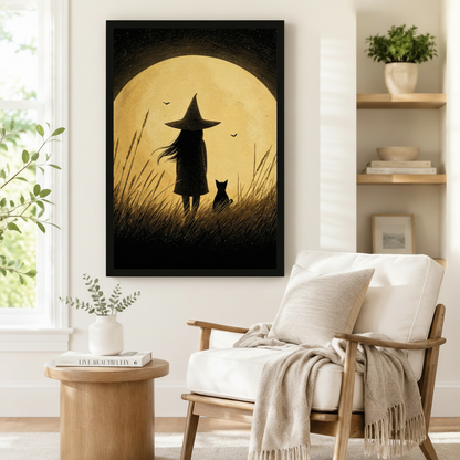 Black framed vintage witch and cat moonlight canvas art showing a small long-haired witch in a pointed hat with a black cat looking up at a giant golden full moon and bats in a grainy amber sky, displayed on a white wall beside a light upholstered wooden armchair draped with a cream fringed throw blanket near a shelf of plants