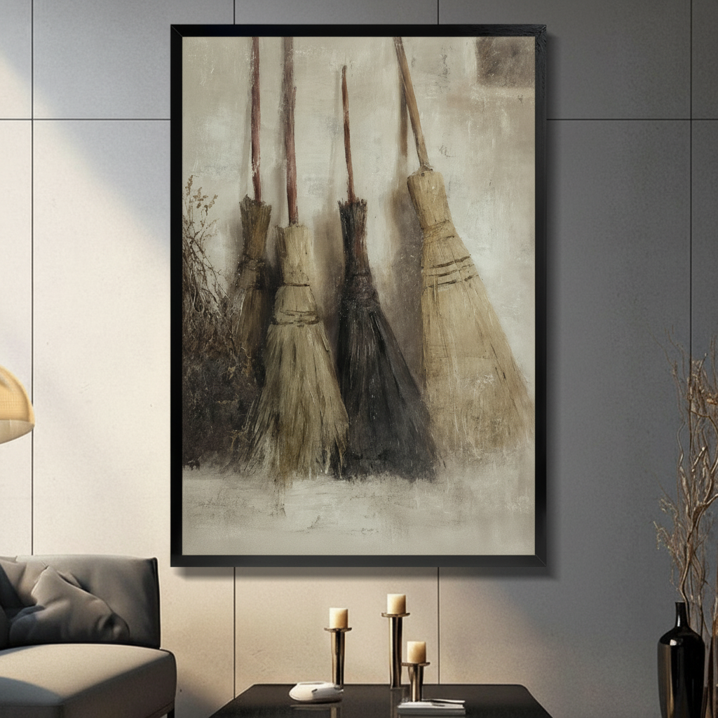 Four rustic witch brooms leaning against beige wall, vintage oil painting style black framed wall art print displayed in modern living room with candlestick decor