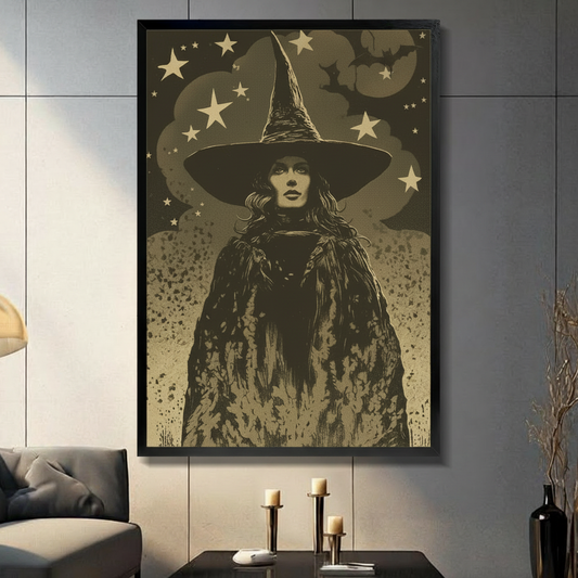 Vintage gothic witch portrait framed wall art displayed in moody living room with candlelight ambiance