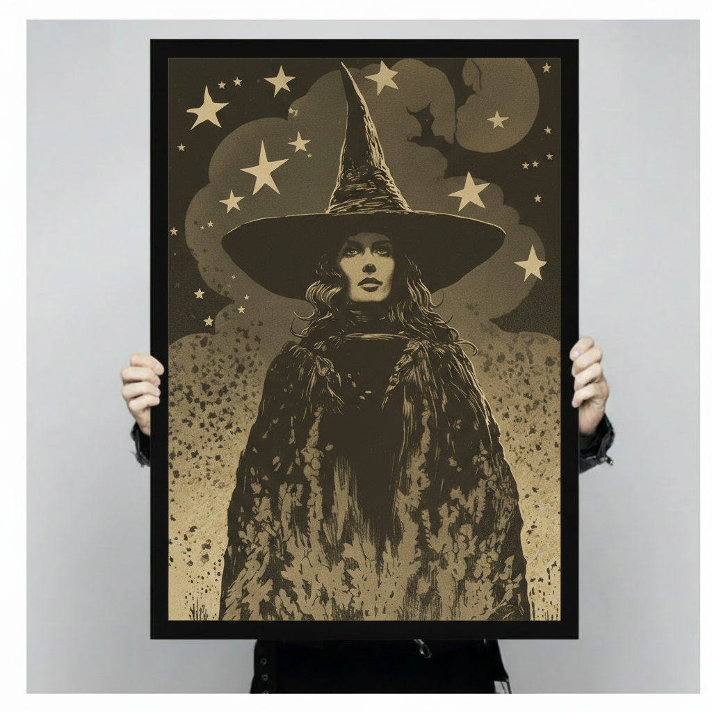 Close-up of gothic witch wall art print with sepia tones, stars and bats — premium quality fine art poster