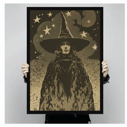 Close-up of gothic witch wall art print with sepia tones, stars and bats — premium quality fine art poster