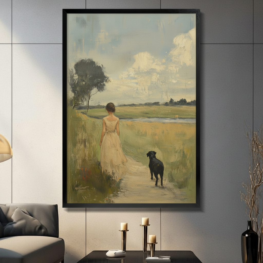 Framed vintage canvas art of a woman in cream dress walking with a black dog through golden fields, displayed in a modern living room with candlesticks