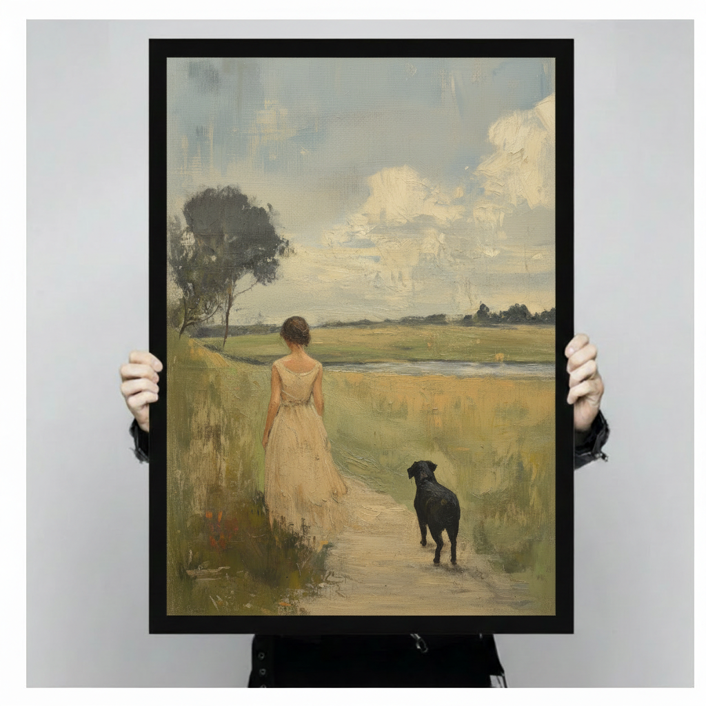 Hand-held display of a vintage figurative canvas print showing a woman in a flowing dress and black dog walking through open golden meadows