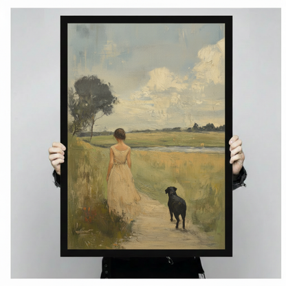 Hand-held display of a vintage figurative canvas print showing a woman in a flowing dress and black dog walking through open golden meadows