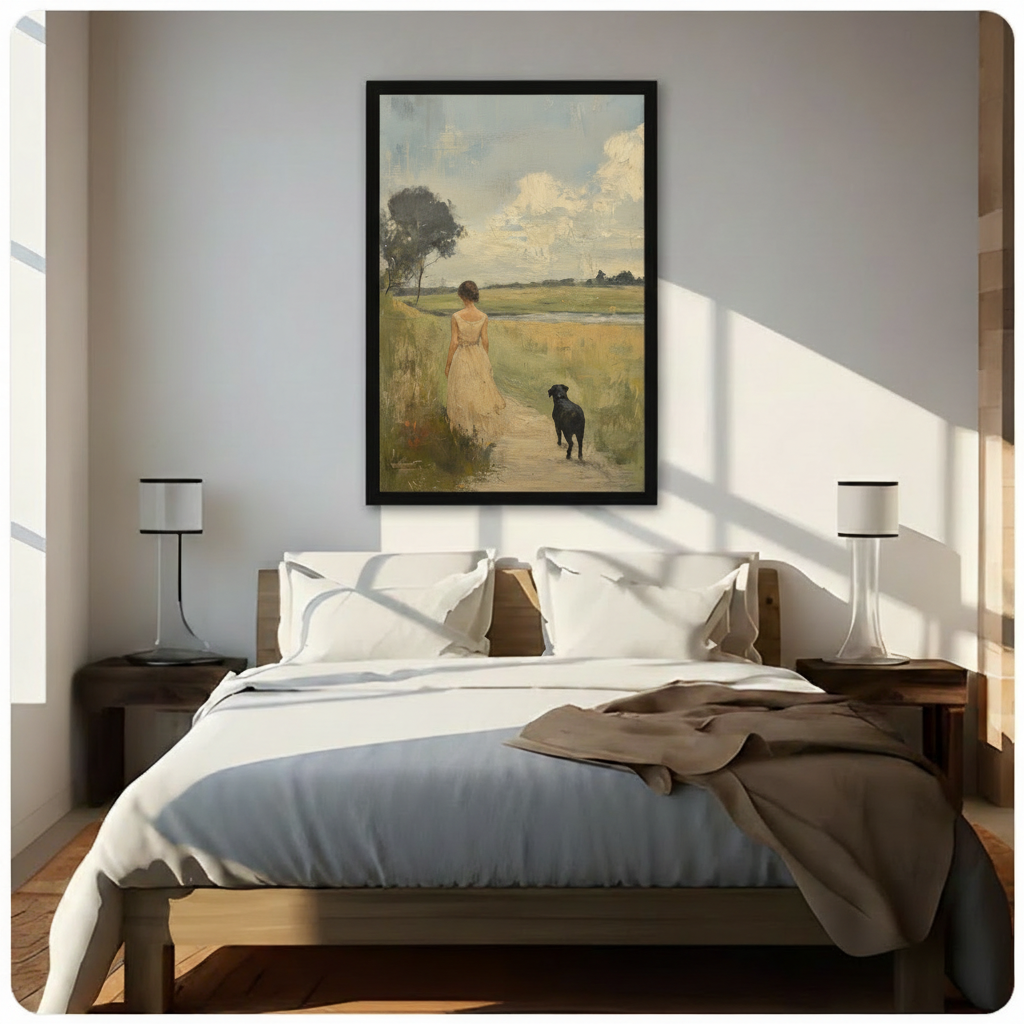Framed vintage landscape canvas art of a woman and black Labrador walking a sunlit field path, hung above a bed in a bright minimalist bedroom