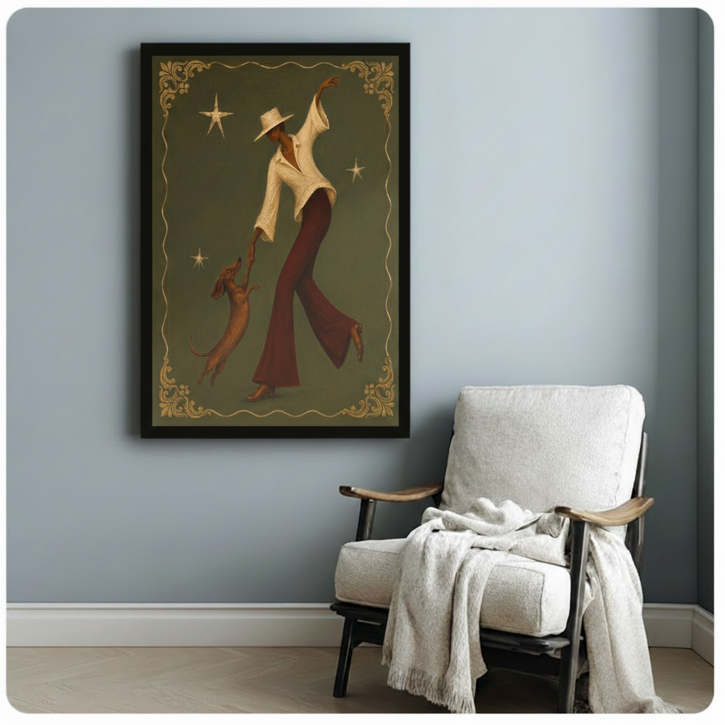 Vintage-style framed art print of a stylish woman in a straw hat dancing with a dachshund dog, gold star accents and decorative border, displayed next to a white armchair