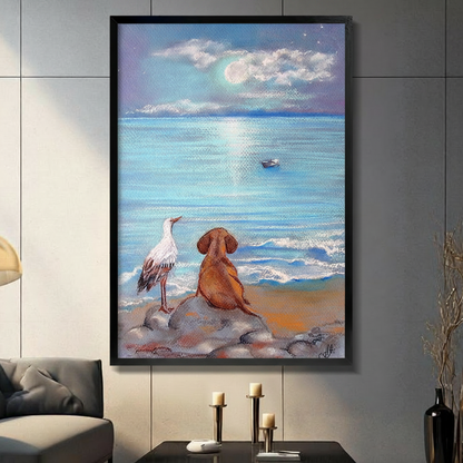 Vizsla dog and white stork sitting together on rocks gazing at moonlit ocean impasto pastel oil painting in black frame on dark grey panel wall – full moon blue sea distant boat sandy beach coastal canvas wall art for living room