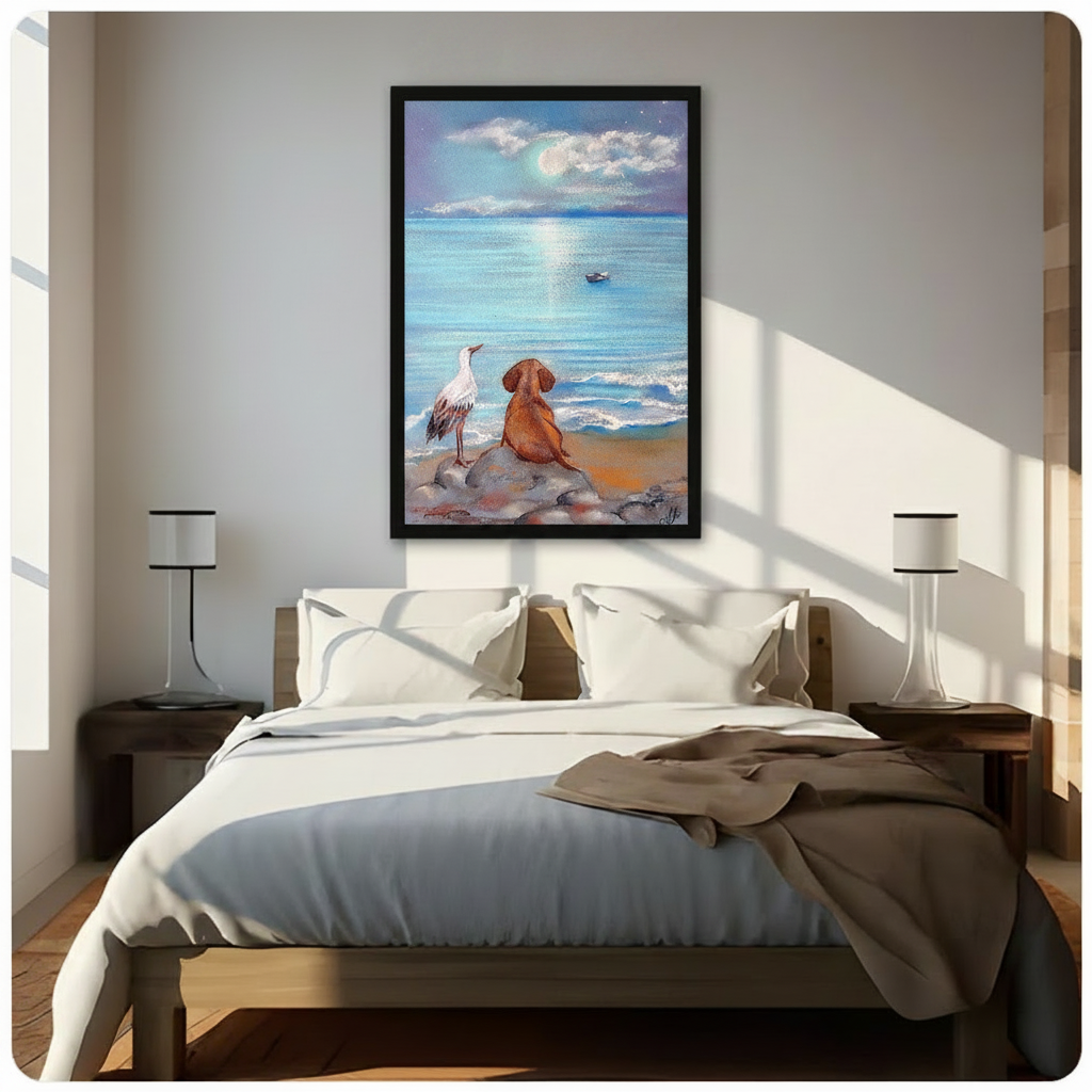 Framed Vizsla dog and white stork on coastal rocks watching moonlit ocean impasto pastel oil painting above dark wooden bed in sunlit bedroom – full moon glowing blue sea distant boat sandy beach coastal canvas wall art for bedroom decor