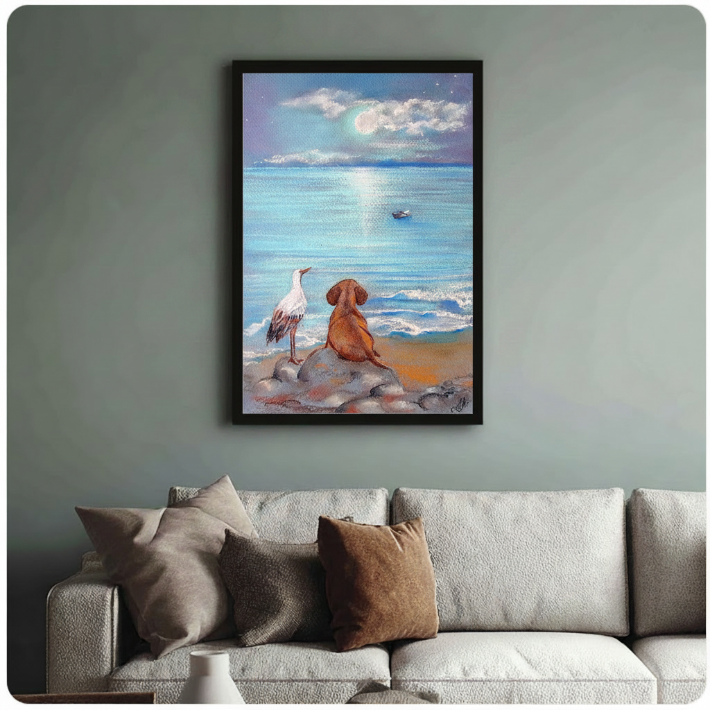 Framed Vizsla dog and white stork sitting on rocks gazing at moonlit ocean impasto pastel oil painting above cream textured sofa on sage green wall – full moon blue sea warm sandy beach coastal dog canvas wall art for living room decor