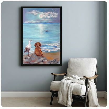Vizsla dog and white stork on rocky shore watching moonlit ocean framed impasto pastel oil painting beside white linen wood armchair on blue grey wall – full moon glowing sea distant sailboat coastal canvas art for reading corner