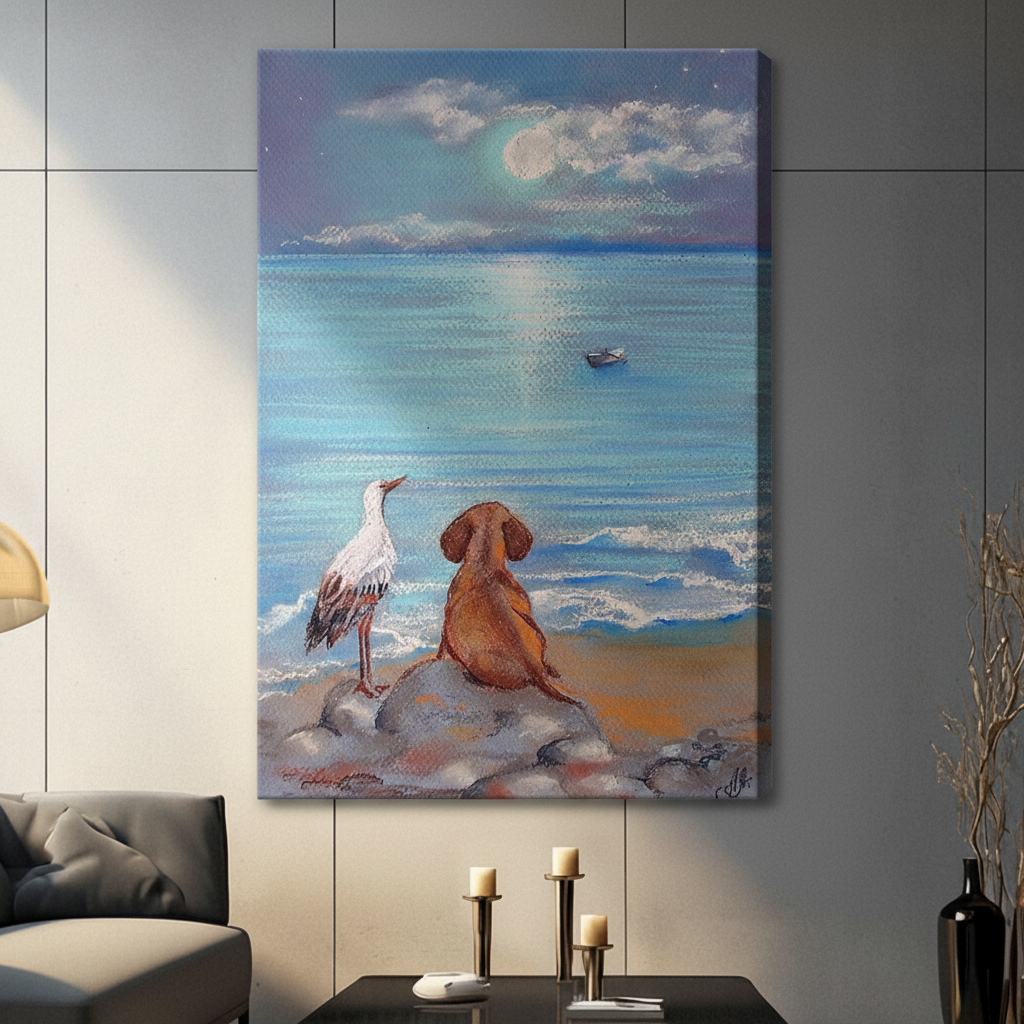 Frameless Vizsla dog and white stork on coastal rocks watching moonlit ocean impasto pastel oil painting on dark grey panel wall – full moon glowing sea small boat starry sky contemplative dog canvas print for contemporary living room