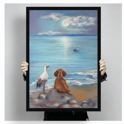 Person holding framed Vizsla dog and white stork sitting on rocks gazing at moonlit ocean impasto pastel oil painting canvas – full moon blue sea warm sandy beach starry sky coastal dog wall art size reference