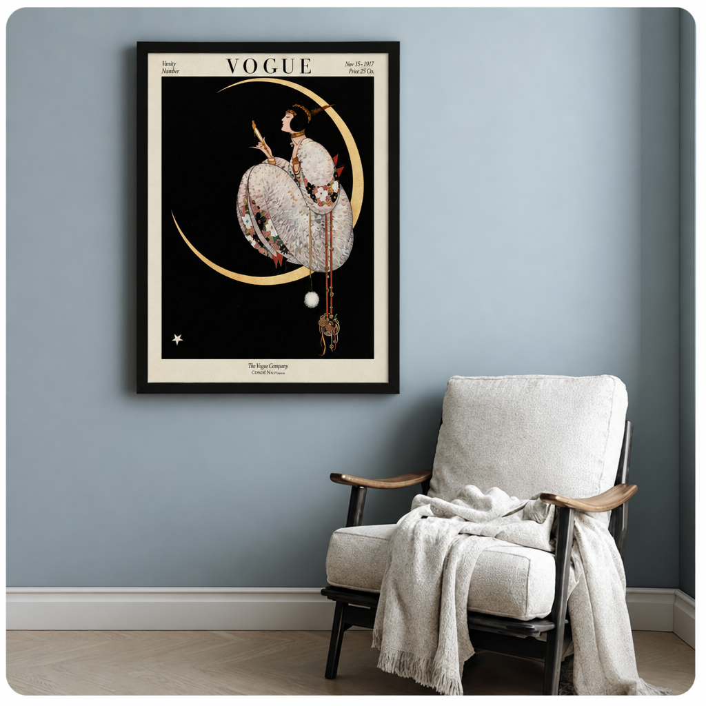 Vogue art deco woman canvas wall art above a white armchair, showing a vintage fashion figure with a crescent moon