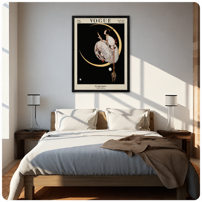 Vogue art deco woman canvas wall art above a bed, depicting an elegant vintage woman beside a luminous crescent moon