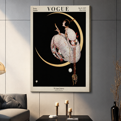  Vogue art deco woman canvas wall art featuring an elegant woman in a white dress beneath a gold crescent moon

