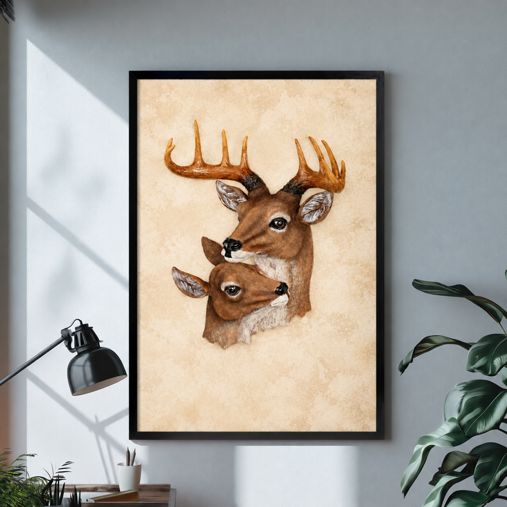 Framed woodland deer canvas art shows a buck and doe beside a black lamp and green plants.