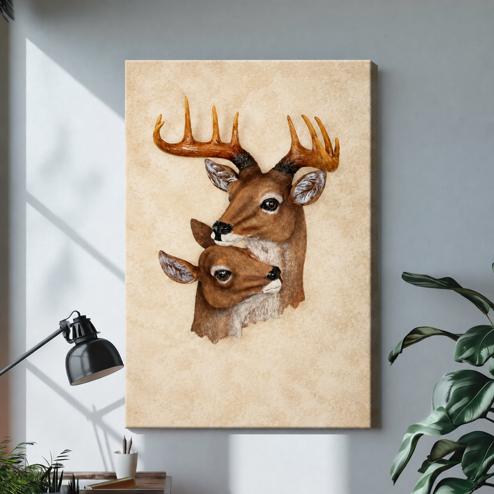 Unframed woodland deer canvas art displays warm watercolor portraits on stretched canvas beside a desk lamp.