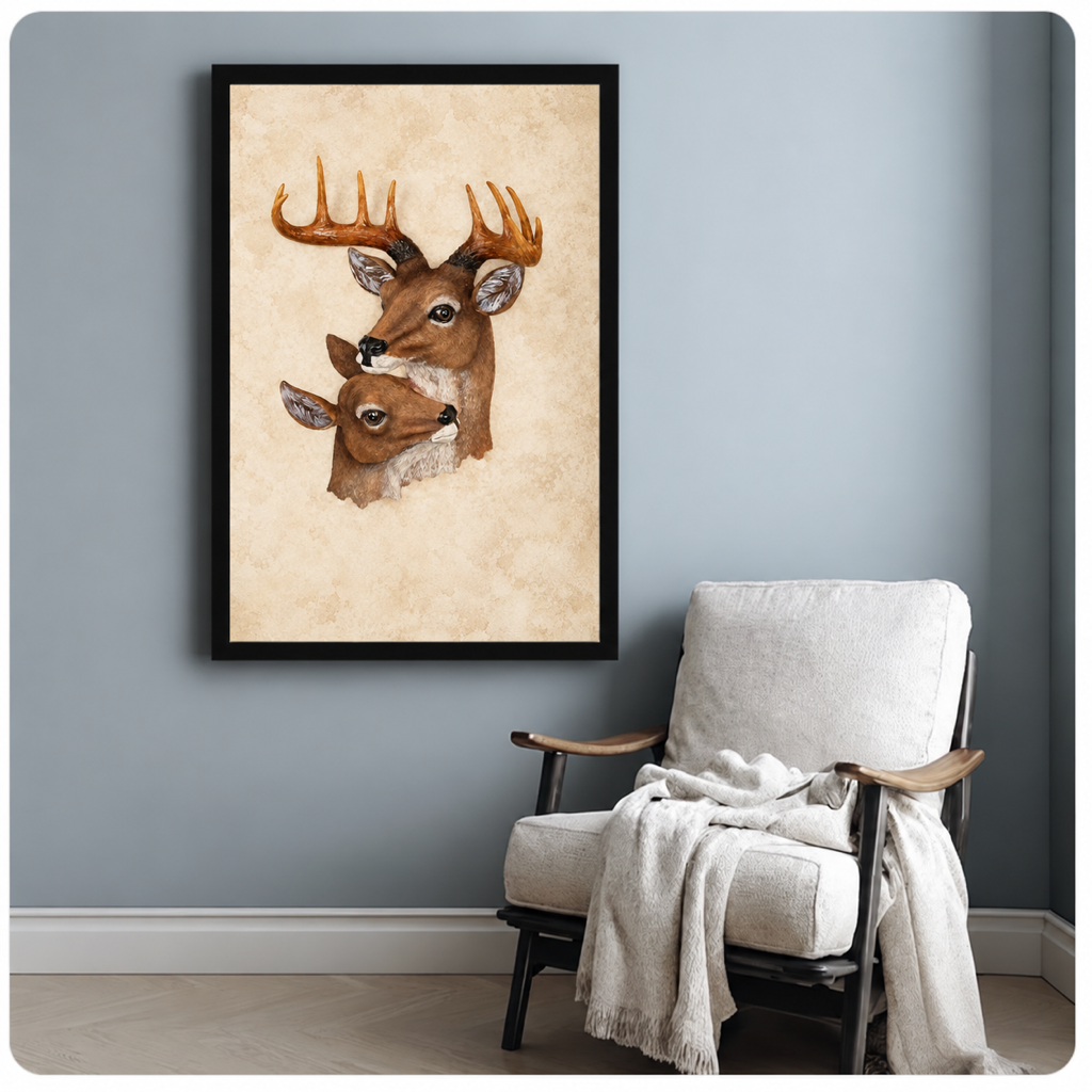 Woodland deer canvas art in a black frame hangs above a cream reading chair with a throw.
