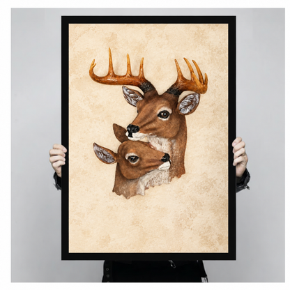 Person holding framed woodland deer canvas art displays the complete buck and doe portrait against beige watercolor texture.