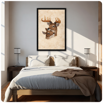 Framed woodland deer canvas art hangs above a sunlit bed between two matching bedside lamps.