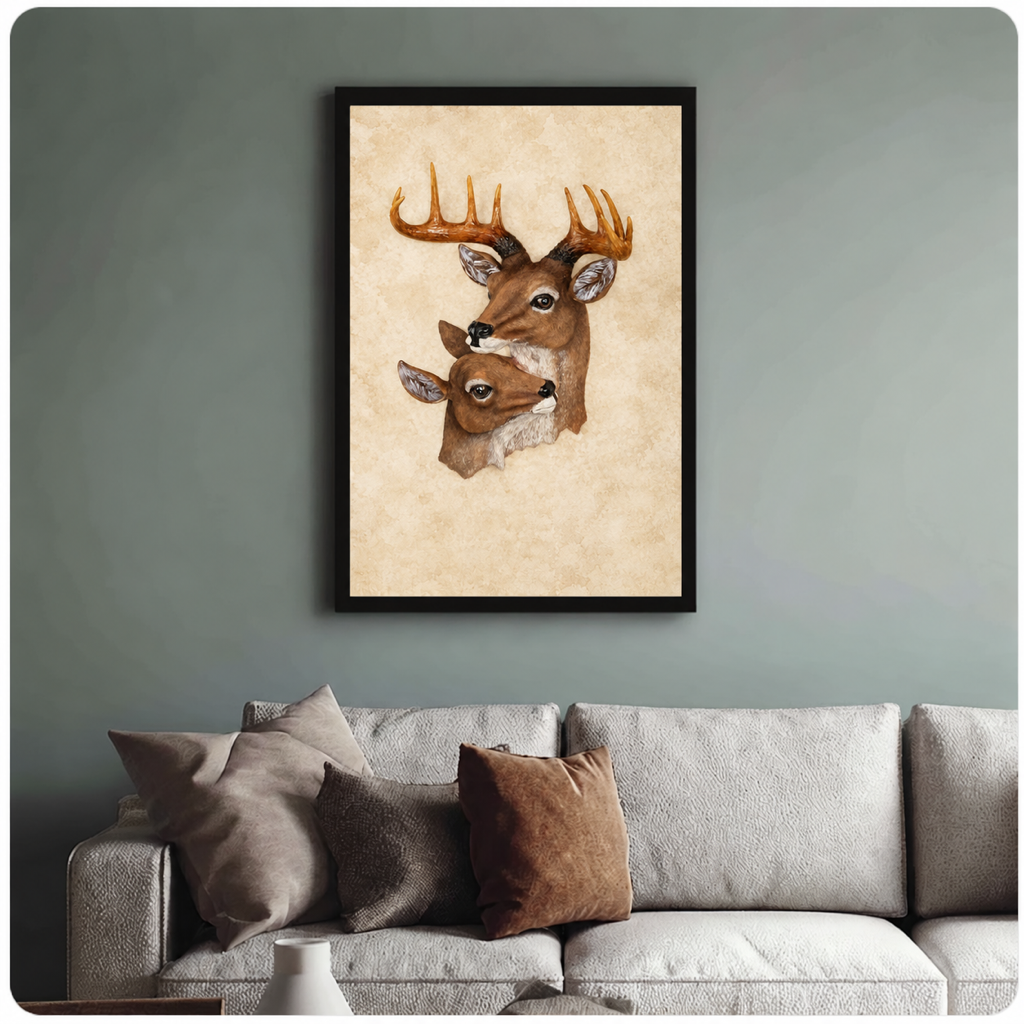 Woodland deer canvas art decorates a muted green wall above a cream sofa with brown and beige cushions.