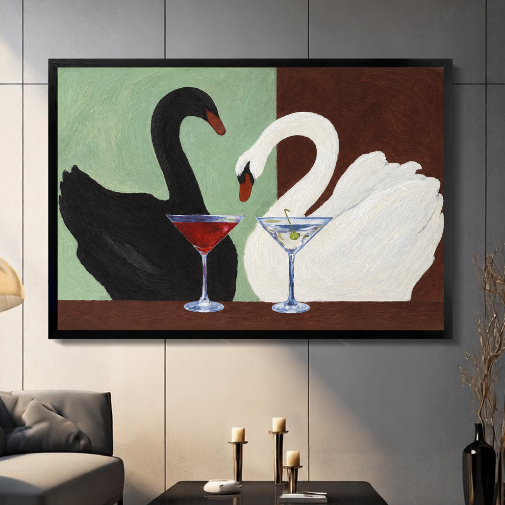 Framed cocktail swans canvas wall art hangs on a paneled wall above a table with candles.