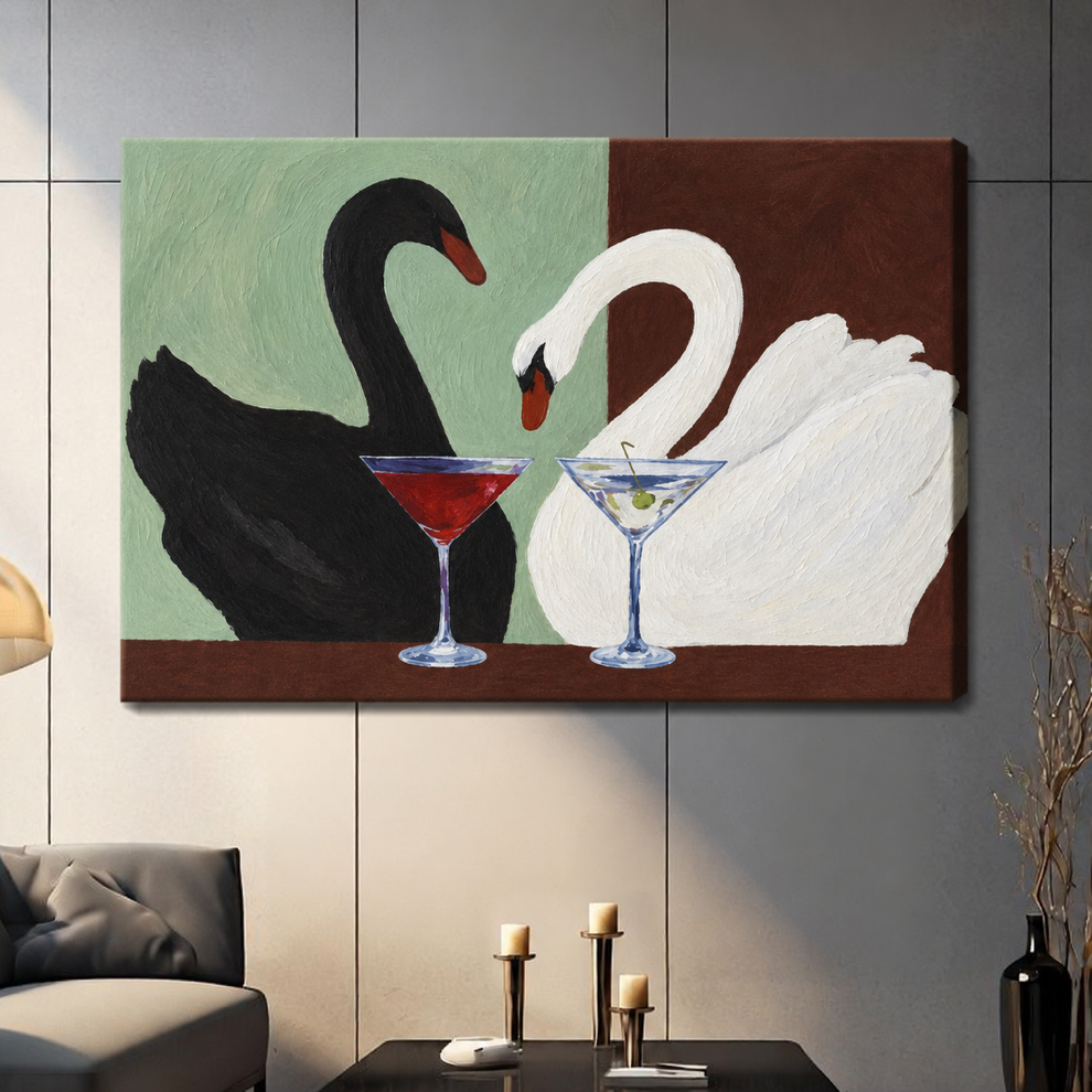 Unframed cocktail swans canvas art shows black and white birds with two glasses above a table with candles.