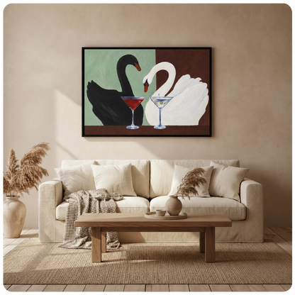 Cocktail swans canvas wall art hangs above a cream sofa with pampas grass and a wooden coffee table.