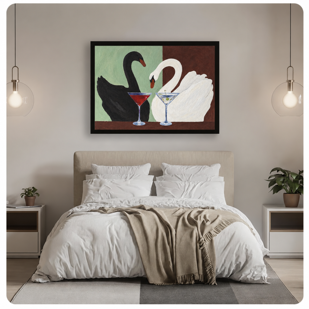 Framed cocktail swans canvas wall art hangs above a neutral bed between two glowing pendant lights.