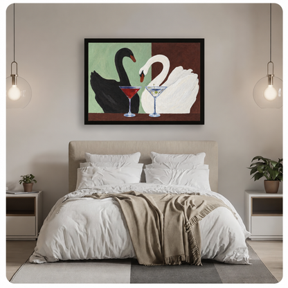 Framed cocktail swans canvas wall art hangs above a neutral bed between two glowing pendant lights.