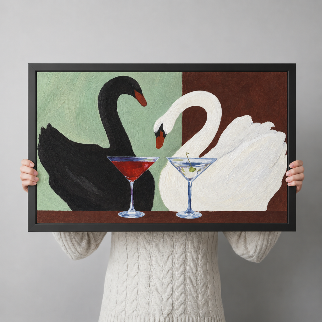 Person holding framed cocktail swans canvas wall art displays two birds and glasses against sage and brown colors.
