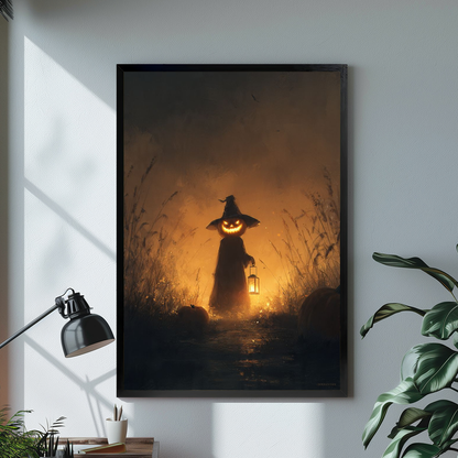 Black framed pumpkin witch canvas art with glowing lantern displayed above books beside a table lamp
