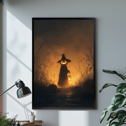 Black framed pumpkin witch canvas art with glowing lantern displayed above books beside a table lamp