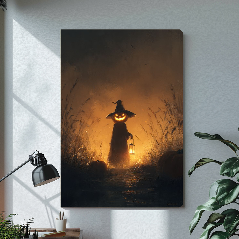 Stretched canvas pumpkin witch holding a lantern with glowing autumn pumpkins against a dark evening sky