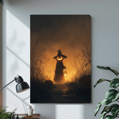 Stretched canvas pumpkin witch holding a lantern with glowing autumn pumpkins against a dark evening sky