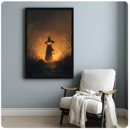 Halloween pumpkin witch canvas in black frame beside a cream armchair against a muted blue wall