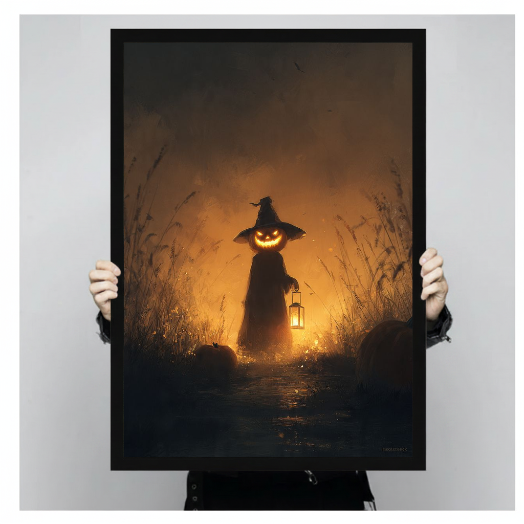 Person holding black framed pumpkin witch lantern artwork with warm orange light and dark autumn grasses