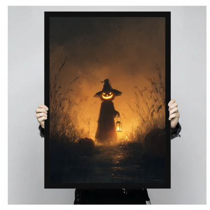 Person holding black framed pumpkin witch lantern artwork with warm orange light and dark autumn grasses