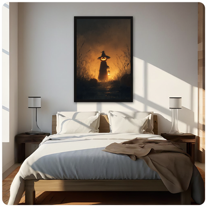 Pumpkin witch lantern canvas displayed above a neutral bed with warm wood furniture and soft bedding