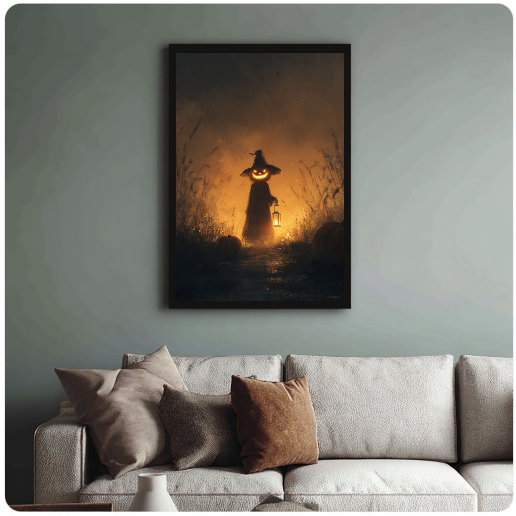 Black framed Halloween pumpkin witch canvas above a neutral sofa with patterned cushions in a cozy living room