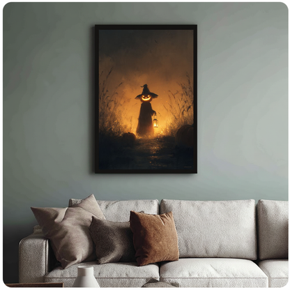 Black framed Halloween pumpkin witch canvas above a neutral sofa with patterned cushions in a cozy living room
