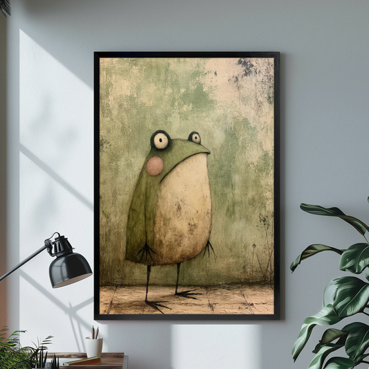 Vintage green frog black framed canvas beside a desk lamp and green plant.